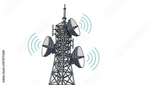 Tall metal telecommunication tower equipped with three satellite dishes emitting radio signal waves into the bright white sky.