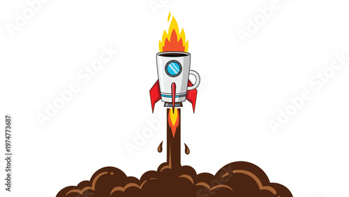 Coffee cup designed as a space rocket taking off with coffee splashes and flames representing morning energy and caffeine boost.