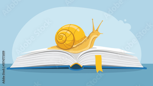 Yellow snail crawling slowly across the pages of an open book against a light blue background representing slow learning and patience.