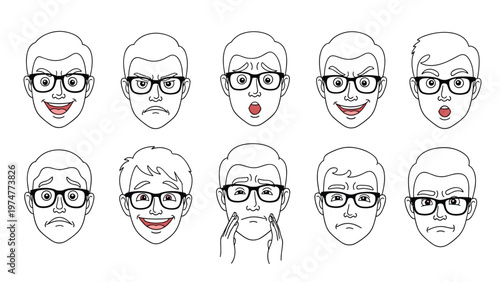 Set of ten facial expressions showing a man with glasses experiencing various emotions like joy anger sadness and surprise in line art.
