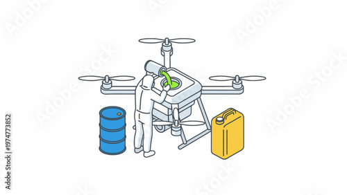 Farmer Filling Agricultural Drone with Liquid Fertilizer Illustration