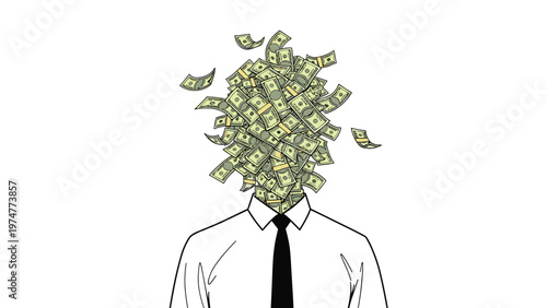 Businessman in a white shirt and black tie with his head exploding into a cloud of dollar bills representing excessive wealth and profit.
