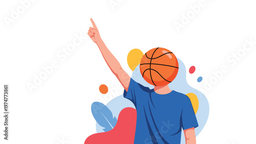 Young boy with a basketball instead of his head pointing his finger upwards against an abstract colorful background for sports themes.