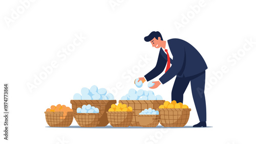 Businessman in a suit carefully sorting different colored balls into multiple woven baskets representing organization and management tasks.