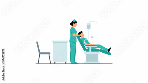 Nurse caring for patient with IV infusion in medical clinic