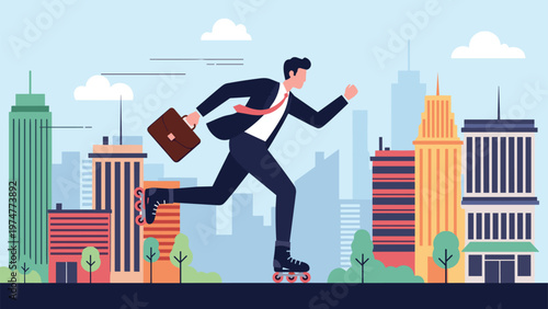 Energetic businessman in a suit with a briefcase roller skating through a city skyline representing fast paced career and commuting.