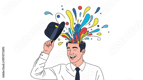 Happy man in a white shirt tipping his black hat as colorful paint splashes erupt from his head symbolizing creative thoughts and joy.