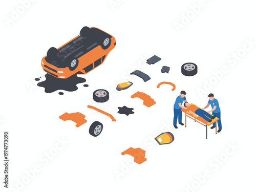 Isometric Car Accident Scene with Flipped Vehicle and Paramedics