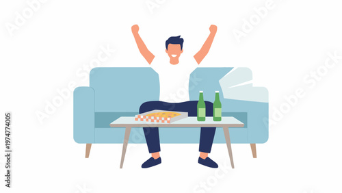 Man Cheering on Sofa with Pizza and Beer Illustration