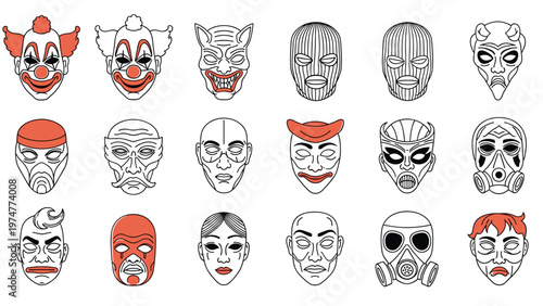 Collection of various creepy masks including clowns monsters and demons in red and black colors for horror and costume designs.