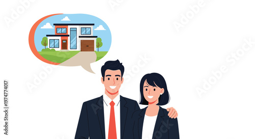 Happy professional couple in dark suits imagines owning a modern new house shown in a thought bubble above their heads.