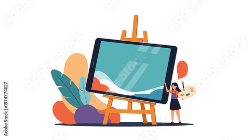 Young female artist painting on a large digital tablet screen placed on a wooden easel representing modern digital art and technology.