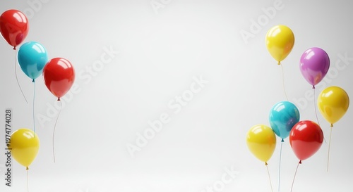 A vibrant collection of multicolored helium balloons floating freely against a pure, bright white studio backdrop, symbolizing joy and celebration, white, surprise, group