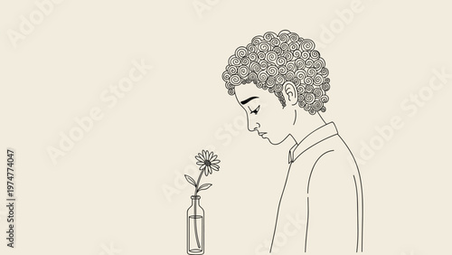 Pensive young man with curly hair looking down at a single daisy in a glass vase on a neutral background representing reflection.