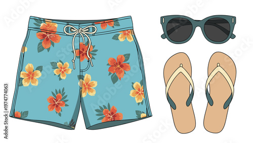 Beach vacation essentials for men featuring light blue floral swim trunks, dark sunglasses, and classic flip-flops.