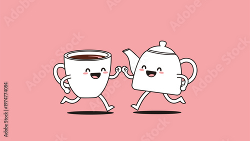 Cheerful cartoon coffee mug and white teapot characters celebrating with a fist bump against a solid pink background.