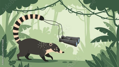 Long nosed coati walks through a lush green tropical jungle while carrying a pair of binoculars on its striped tail.