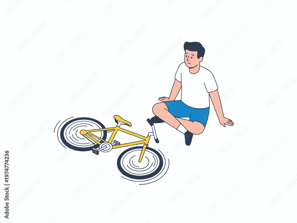 Obraz premium Man with prosthetic leg sitting after bicycle accident illustration