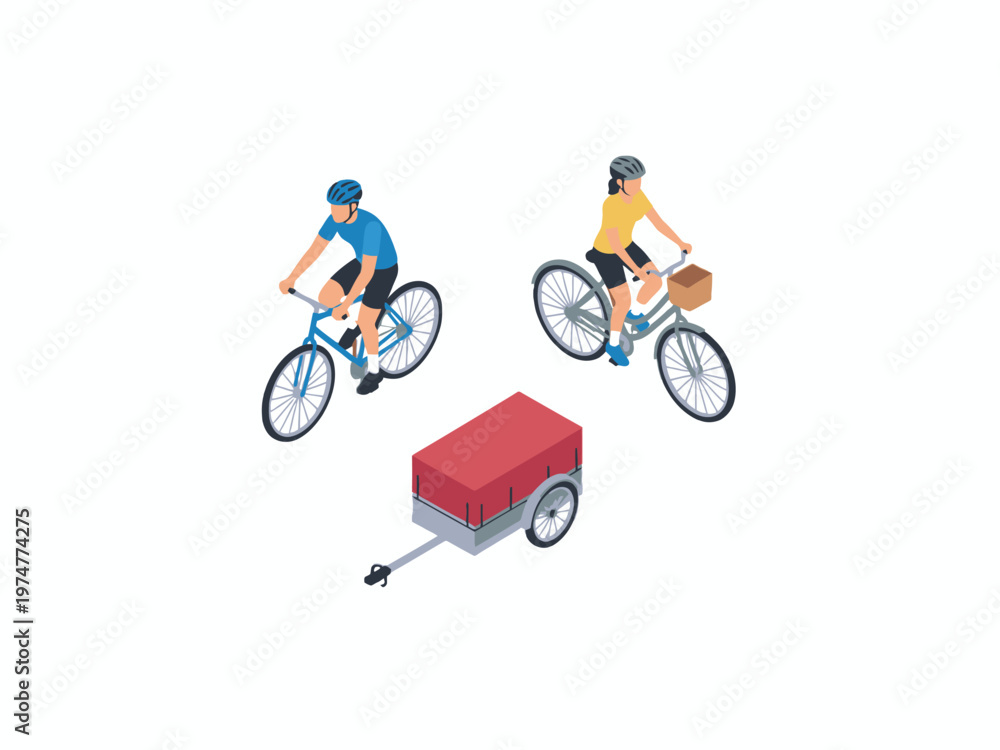 Naklejka premium Isometric cyclists riding bicycles with cargo trailer set