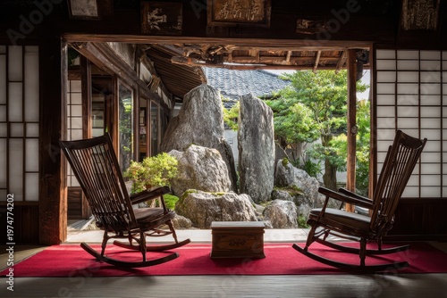 Traditional Japanese room with two wooden rocking chairs and a small table on a red carpet overlooking a serene rock garden with lush greenery illuminated by natural sunlight creating a peaceful