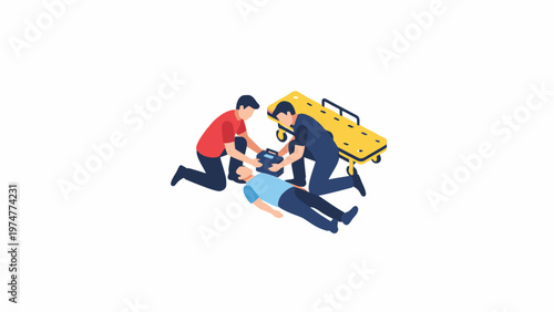 Paramedics Performing First Aid with Defibrillator Isometric