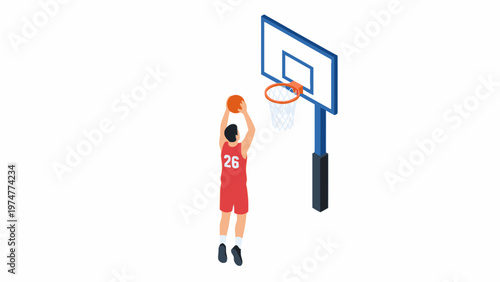 Isometric Basketball Player Shooting Ball at Hoop on White Background