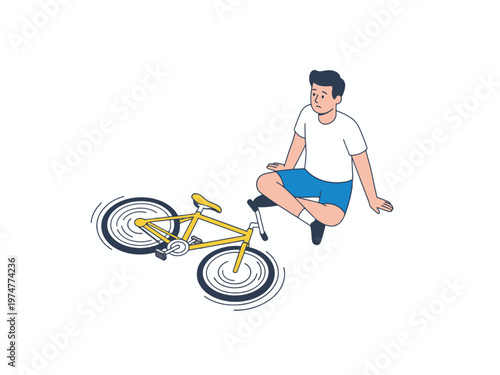 Man with prosthetic leg sitting after bicycle accident illustration