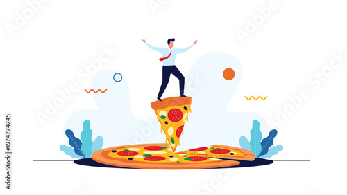 Successful businessman balances on a slice of pepperoni pizza above a giant whole pizza in a flat vector illustration.