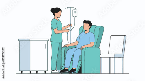 Nurse Administering IV Drip Therapy to Patient in Medical Recliner