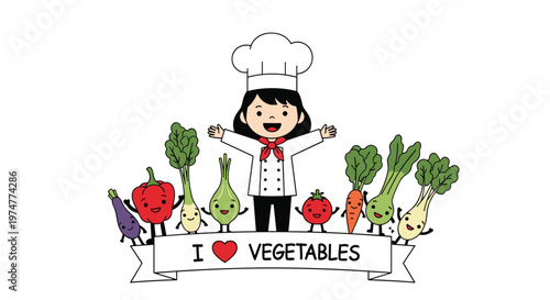 Little girl dressed as a chef stands happily among various smiling cartoon vegetables while promoting healthy eating.