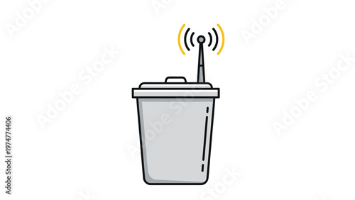 Simple gray trash bin or waste container with a wireless antenna on top indicating smart city technology systems.