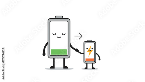 Cute battery family characters including a parent and child holding hands with different levels of power charge.