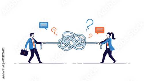 Business man and woman engaged in a tug of war with a long rope that has a giant tangled knot in the middle of it.
