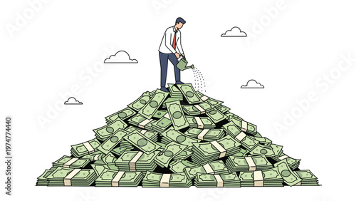 Businessman stands on a massive pile of dollar bills and uses a watering can to nourish his growing financial wealth.