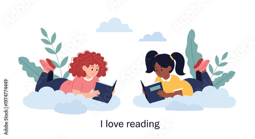 Two young girls lie comfortably on soft white clouds while reading their favorite books in a peaceful blue sky setting.