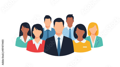 Diverse team of professional men and women in business attire standing together as a united corporate workforce.