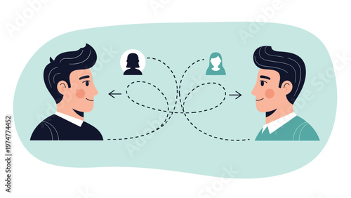 Conceptual design of two men looking at each other while their thoughts about women are connected by dashed lines.