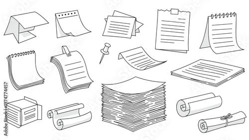 Set of various paper notes, notebooks, scrolls, and stacks of documents rendered in a simple black and white style.