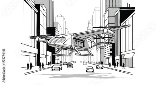 city street with futuristic architecture and people walking