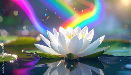 White Lotus Flower Floating on Water with Rainbow Aura.