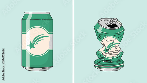 Comparison of a pristine green aluminum soda can next to a crushed empty one featuring a shooting star logo.