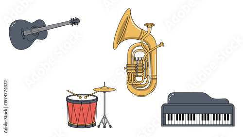 Collection of common musical instruments including a tuba, acoustic guitar, grand piano, and a red drum set.