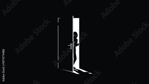 Dark silhouette of a mysterious figure with glowing white eyes peeking through a partially open door in the shadows.