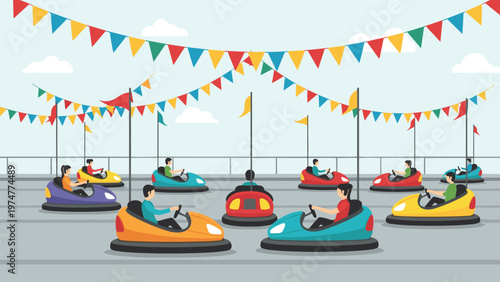 People driving colorful bumper cars at a festive amusement park fairground decorated with multi-colored flags.