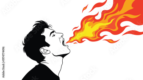 Profile of a man in black and white breathing out a large plume of orange and red fire from his wide open mouth.