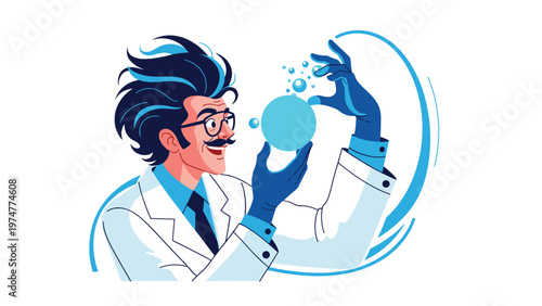 Eccentric mad scientist in a lab coat and blue gloves carefully examining a glowing blue sphere in his laboratory setting.