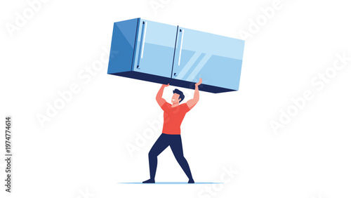 Powerful man in a red t-shirt demonstrating extreme strength by lifting a large blue refrigerator over his head easily.