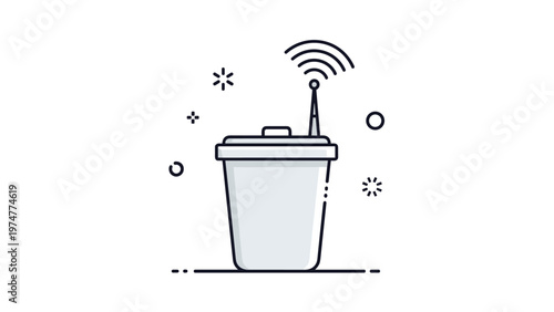 Conceptual icon of a modern smart trash can equipped with a wireless antenna representing internet of things technology.