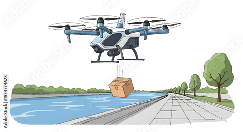Drone delivering package over water and sidewalk