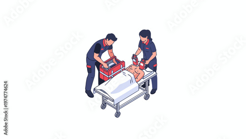 Paramedics using defibrillator on patient on stretcher illustration